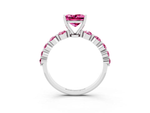 White gold Princess Cut Solitaire Pink Sapphire Ring with Pave Band and Four-Prong Setting_3