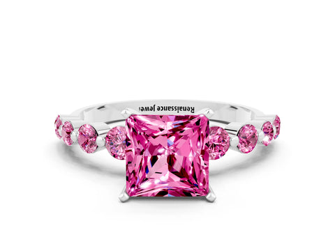 White gold Princess Cut Solitaire Pink Sapphire Ring with Pave Band and Four-Prong Setting