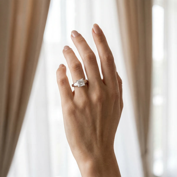 White gold Princess Cut Solitaire Ring with Split Shank and Four-Prong Setting