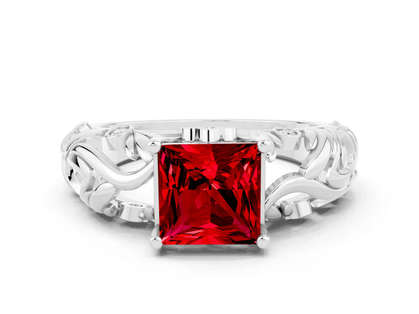 Platinum Princess Cut Solitaire Ruby Leaf-Inspired Vine Band Ring with Prong Setting