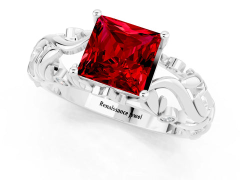 White gold Princess Cut Solitaire Ruby Leaf-Inspired Vine Band Ring with Prong Setting_1