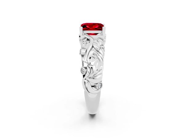 Silver Princess Cut Solitaire Ruby Leaf-Inspired Vine Band Ring with Prong Setting