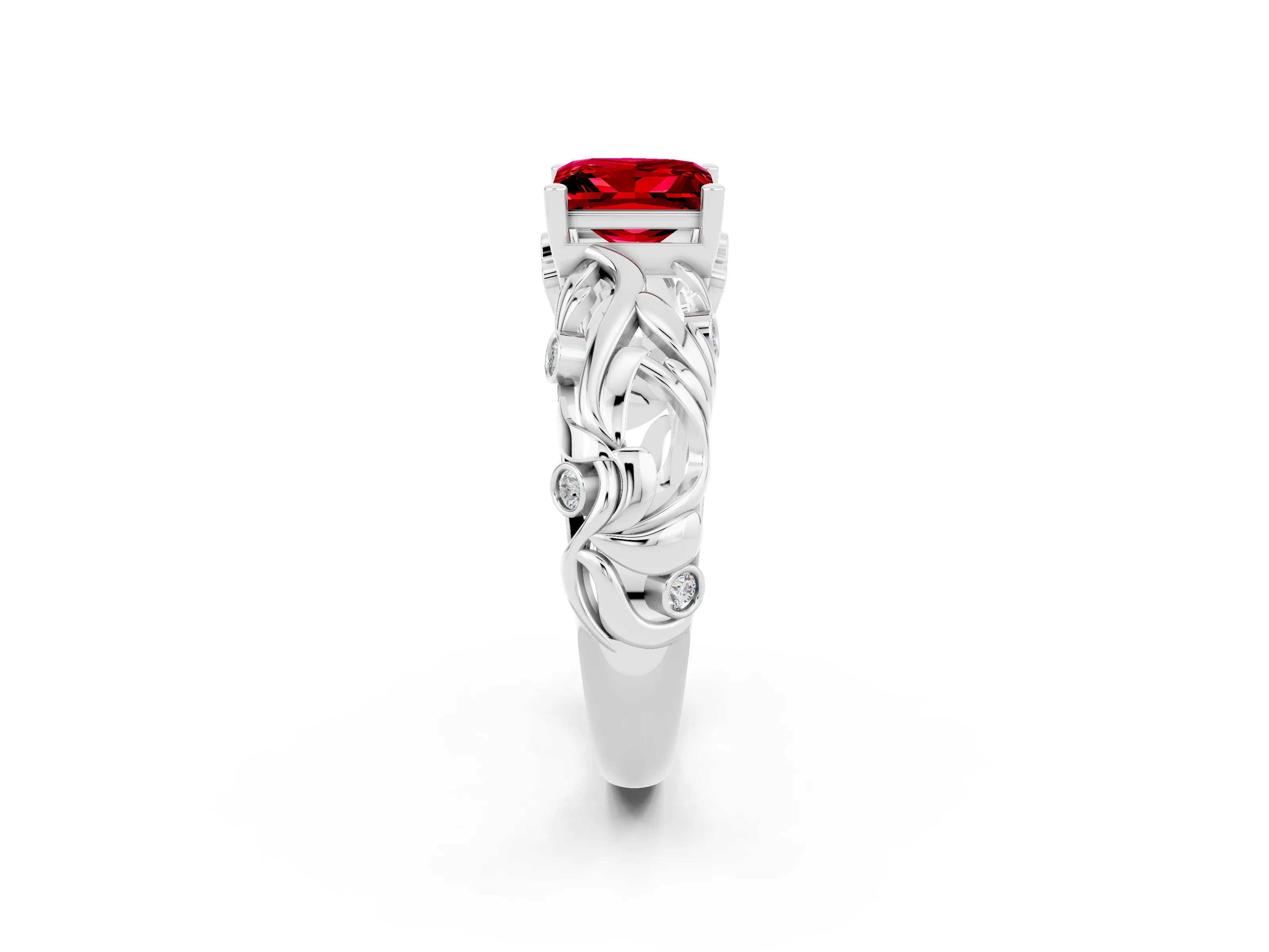White gold Princess Cut Solitaire Ruby Leaf-Inspired Vine Band Ring with Prong Setting_2