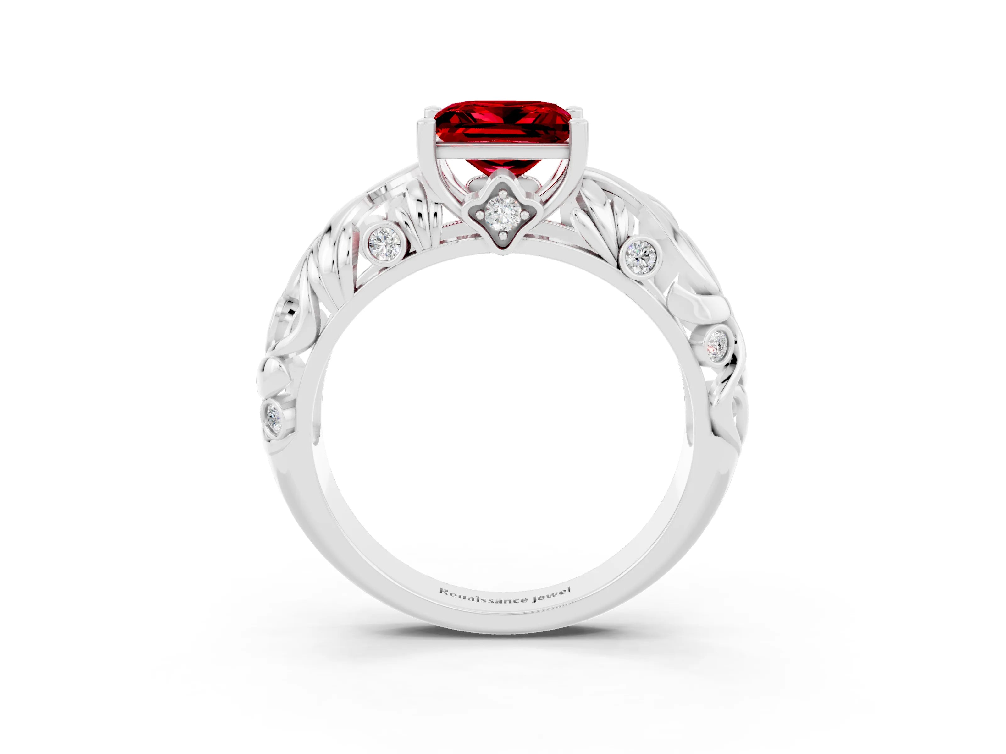White gold Princess Cut Solitaire Ruby Leaf-Inspired Vine Band Ring with Prong Setting_3