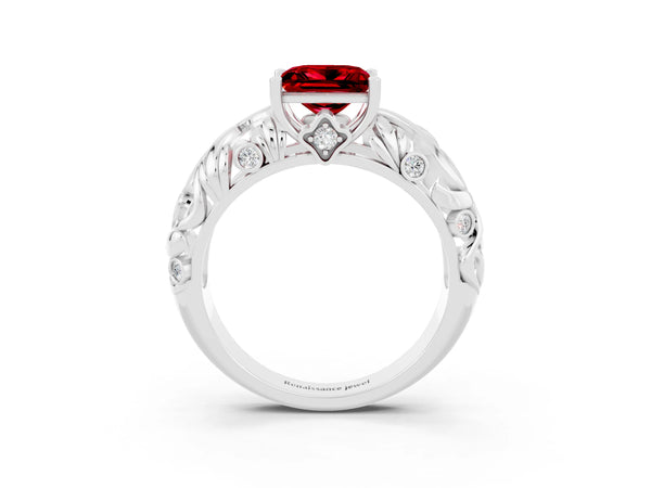 Platinum Princess Cut Solitaire Ruby Leaf-Inspired Vine Band Ring with Prong Setting