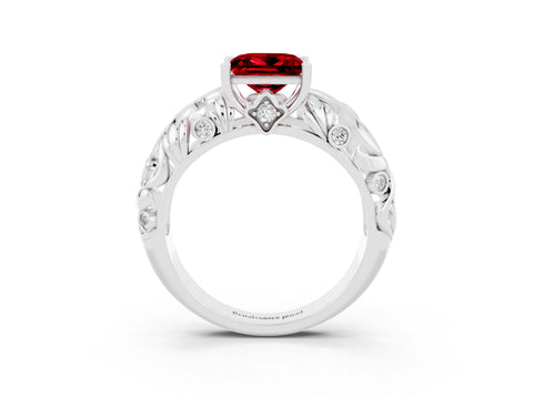White gold Princess Cut Solitaire Ruby Leaf-Inspired Vine Band Ring with Prong Setting_3
