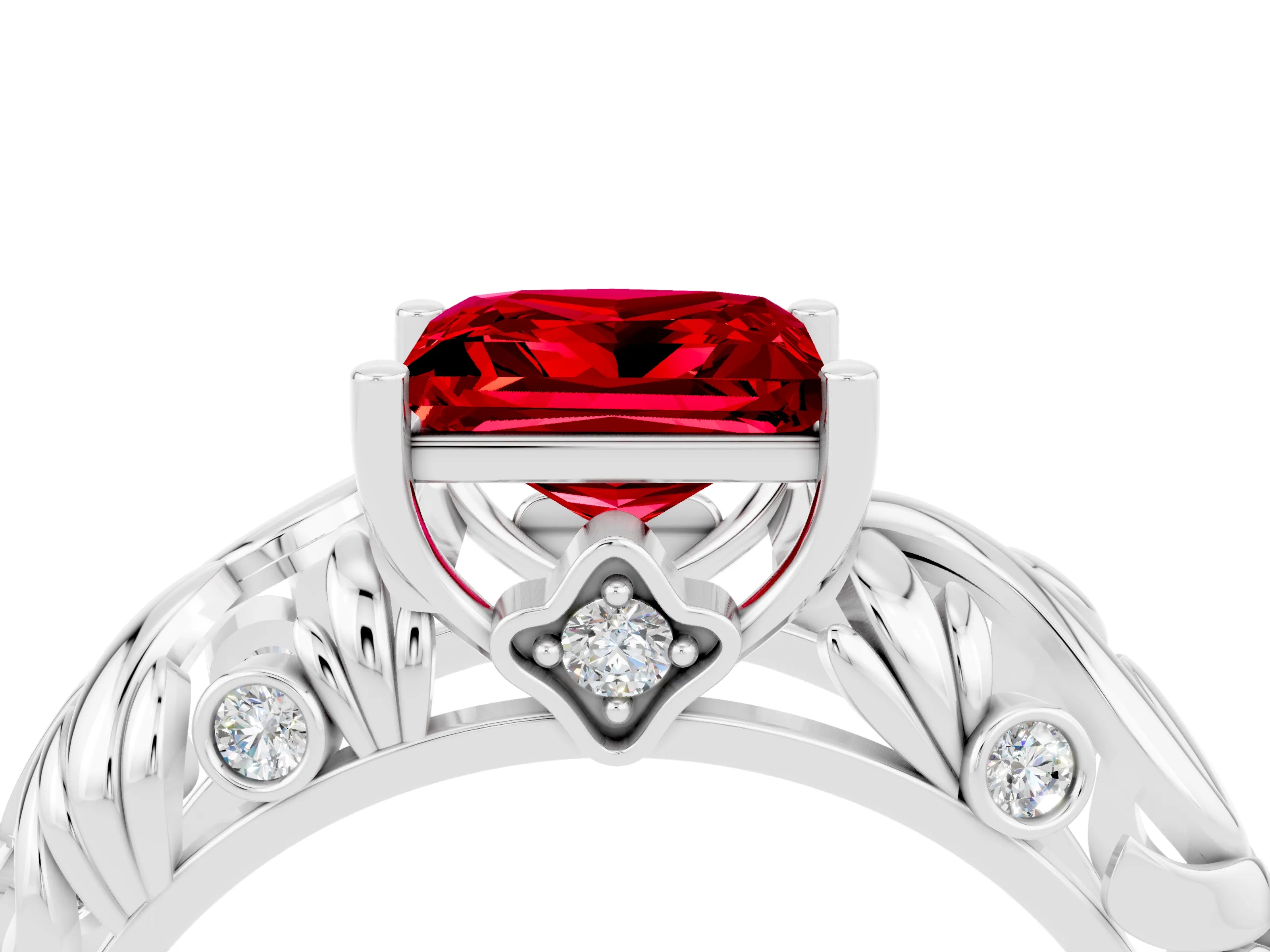 White gold Princess Cut Solitaire Ruby Leaf-Inspired Vine Band Ring with Prong Setting_4