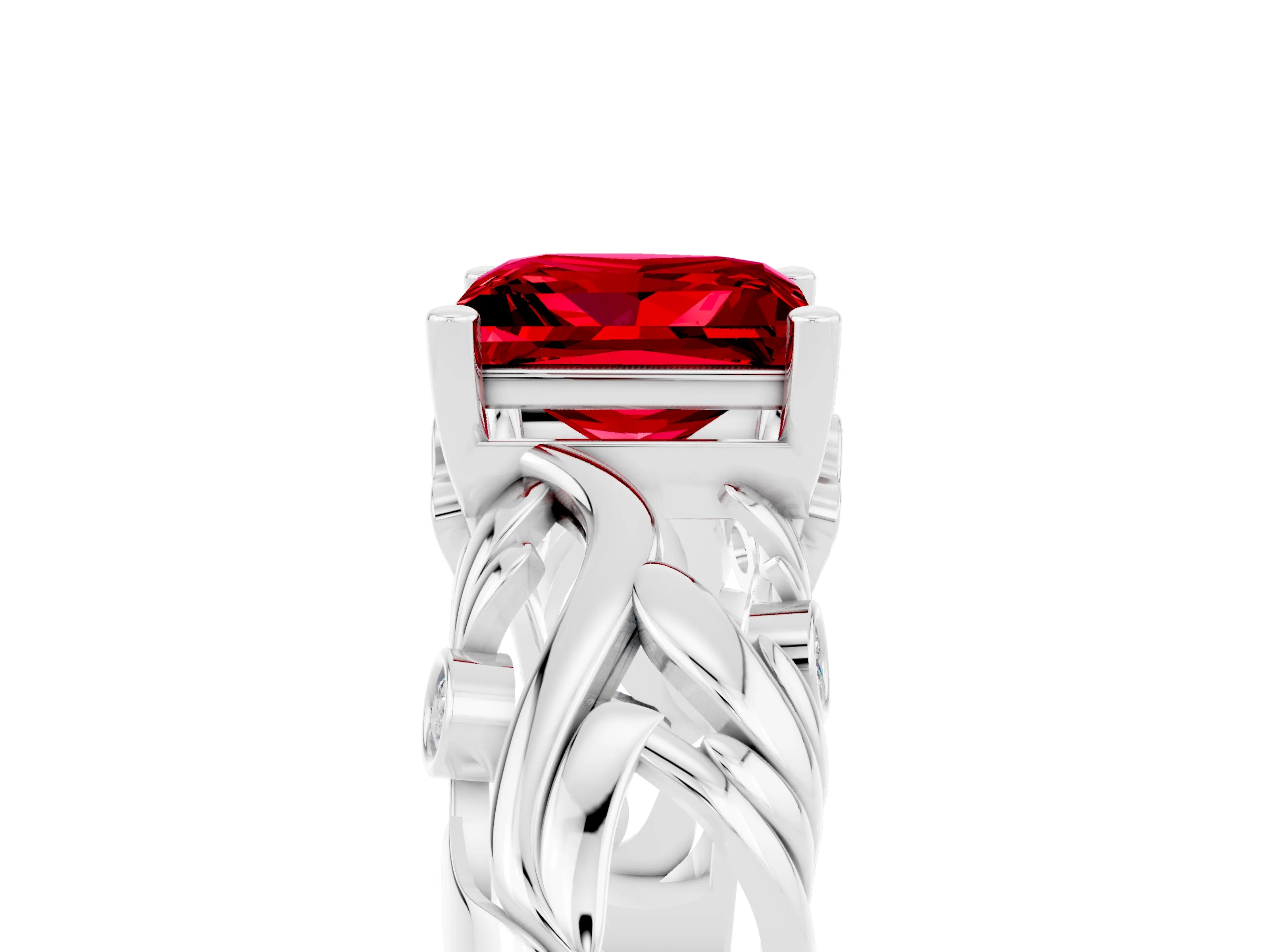White gold Princess Cut Solitaire Ruby Leaf-Inspired Vine Band Ring with Prong Setting_5