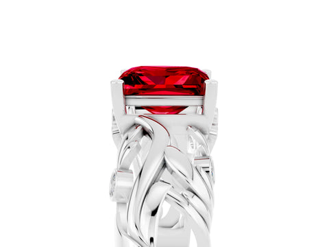 White gold Princess Cut Solitaire Ruby Leaf-Inspired Vine Band Ring with Prong Setting_5