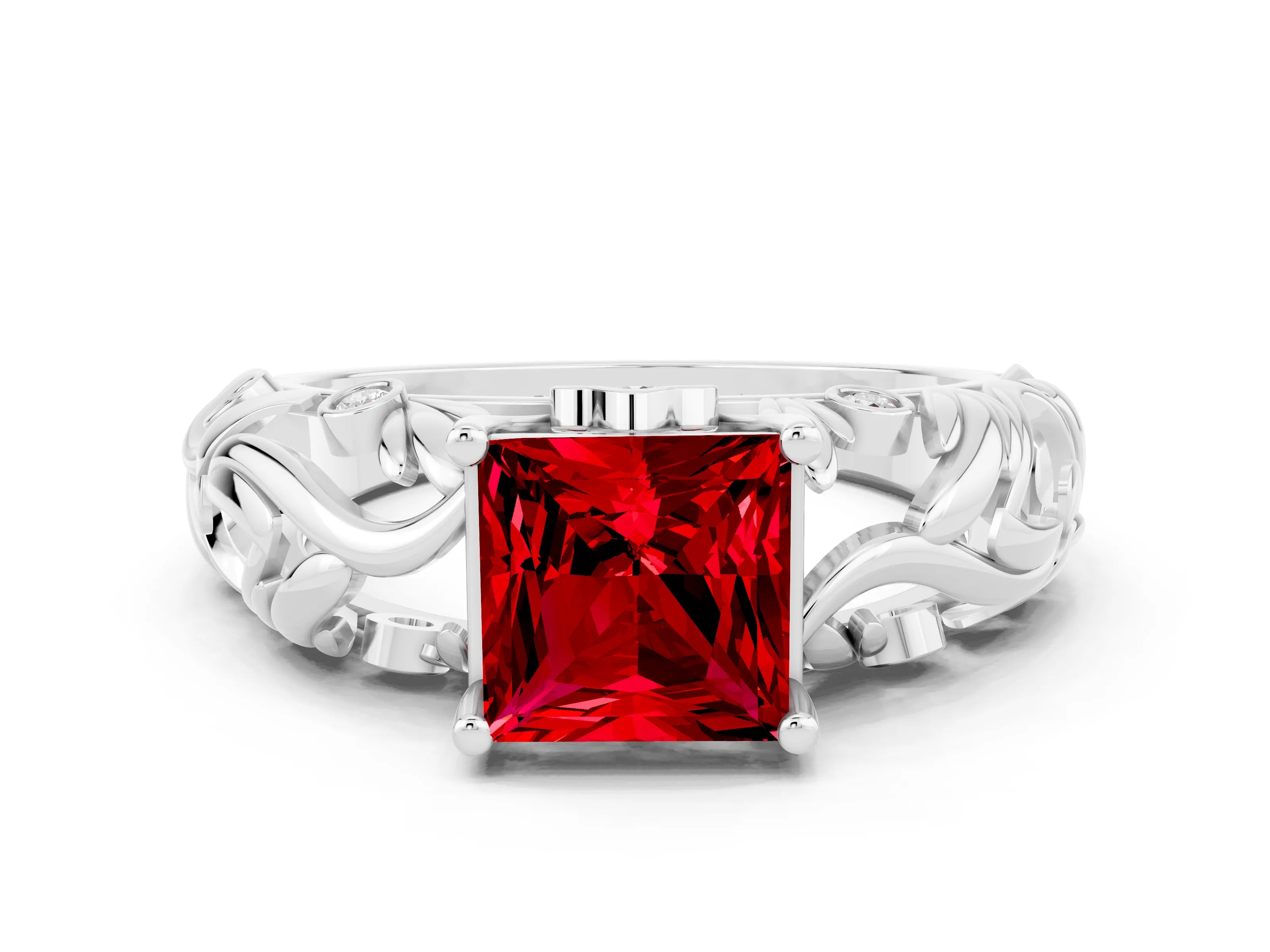 White gold Princess Cut Solitaire Ruby Leaf-Inspired Vine Band Ring with Prong Setting