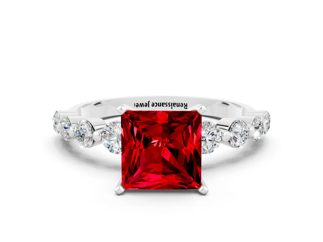 White gold Princess Cut Solitaire Ruby Ring with Pave Band and Four-Prong Setting
