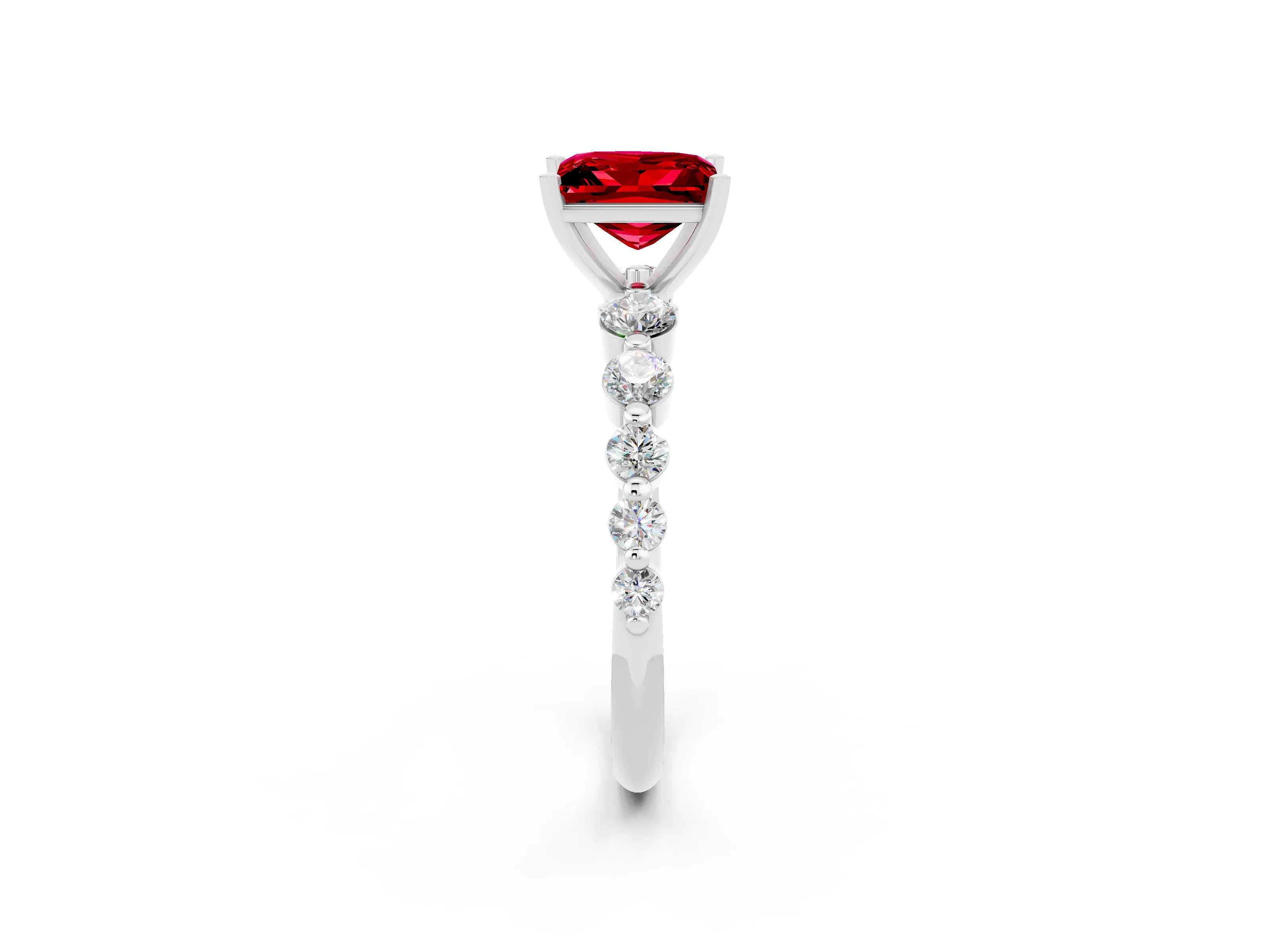 White gold Princess Cut Solitaire Ruby Ring with Pave Band and Four-Prong Setting_2