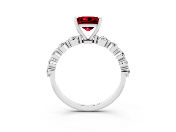Platinum Princess Cut Solitaire Ruby Ring with Pave Band and Four-Prong Setting