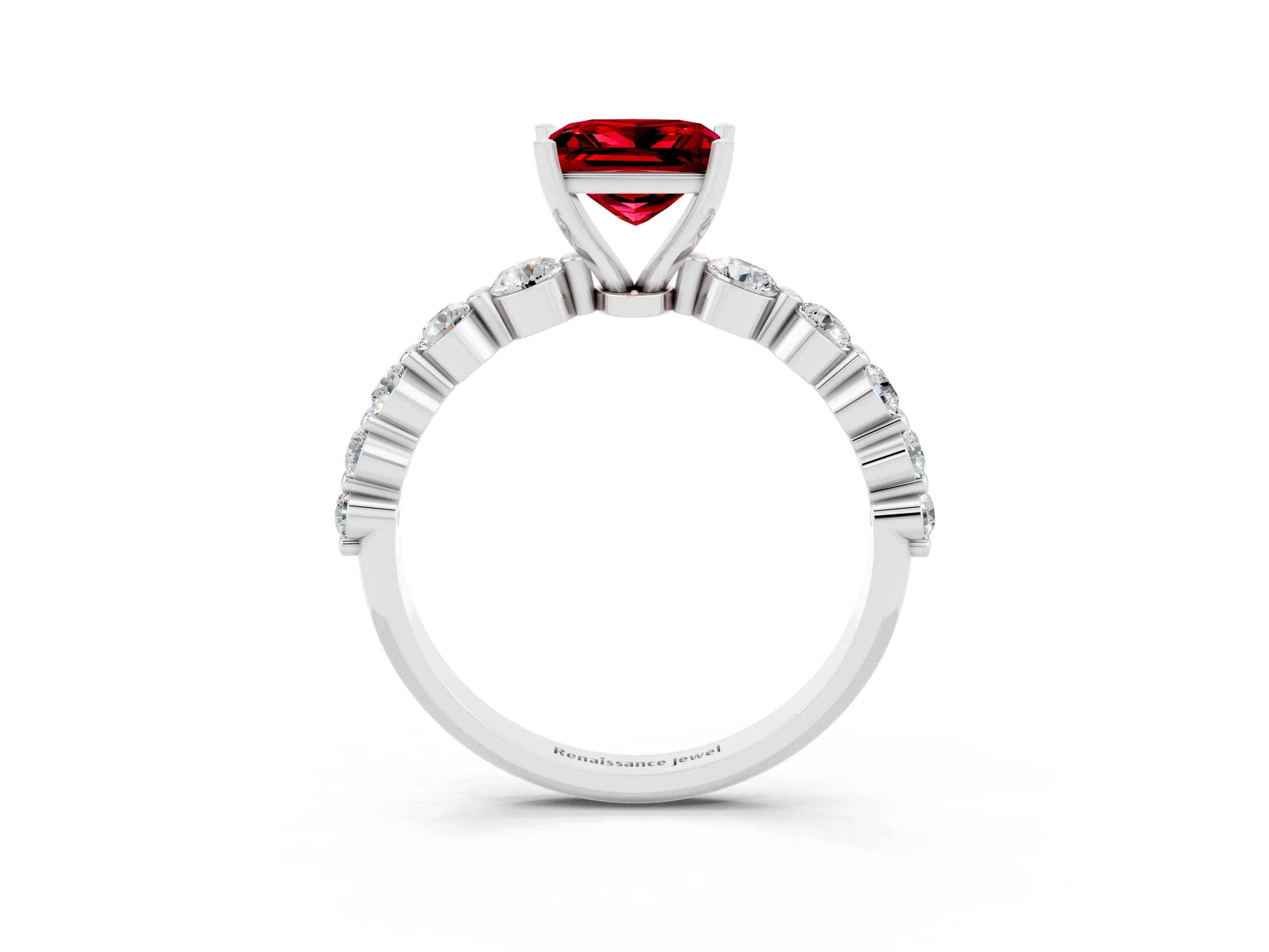 White gold Princess Cut Solitaire Ruby Ring with Pave Band and Four-Prong Setting_3