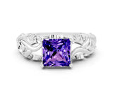 White gold Princess Cut Solitaire Tanzanite Leaf-Inspired Vine Band Ring with Prong Setting