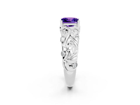 White gold Princess Cut Solitaire Tanzanite Leaf-Inspired Vine Band Ring with Prong Setting_2