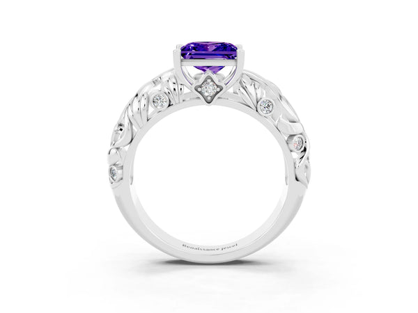 Platinum Princess Cut Solitaire Tanzanite Leaf-Inspired Vine Band Ring with Prong Setting