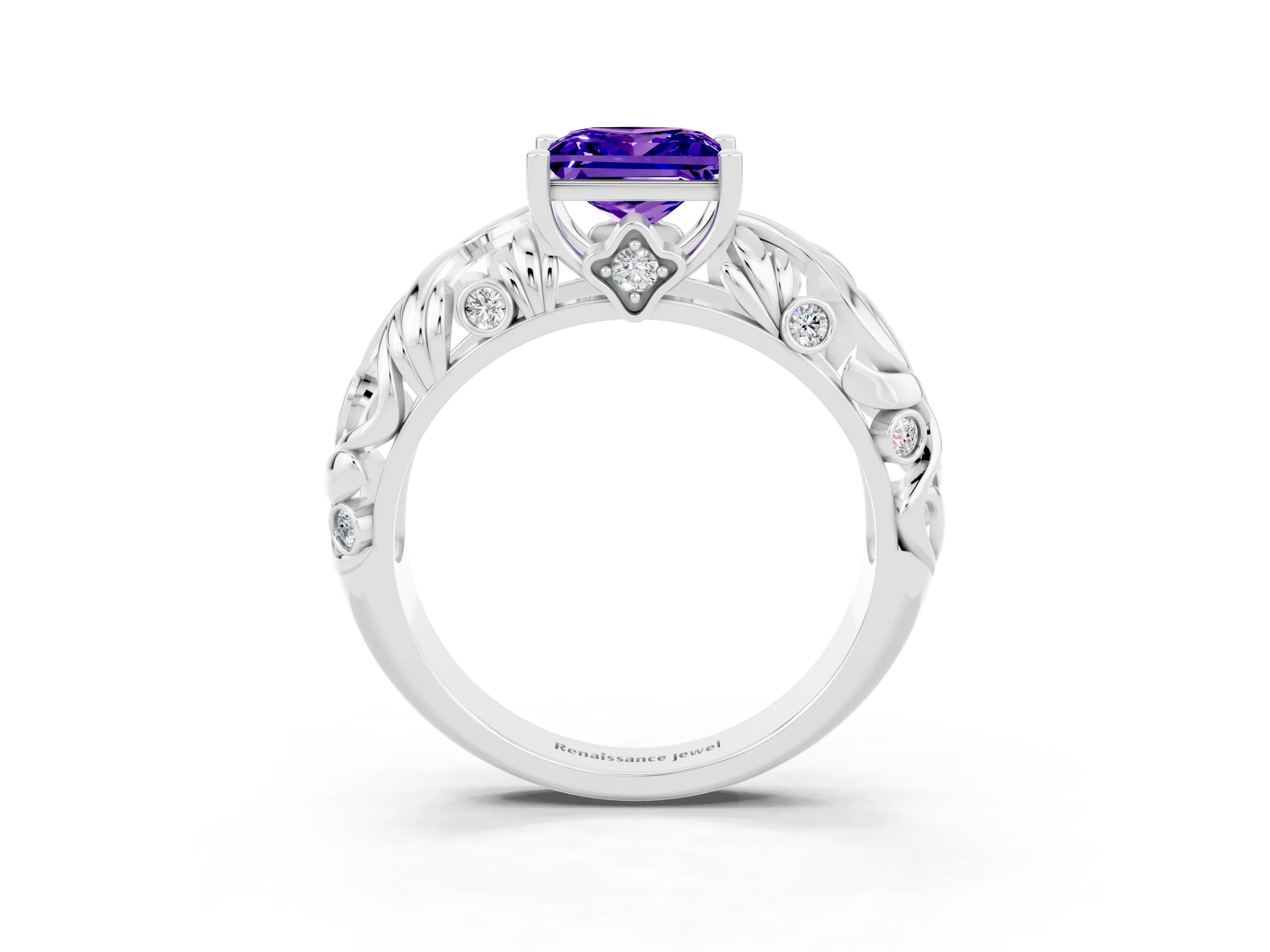 White gold Princess Cut Solitaire Tanzanite Leaf-Inspired Vine Band Ring with Prong Setting_3