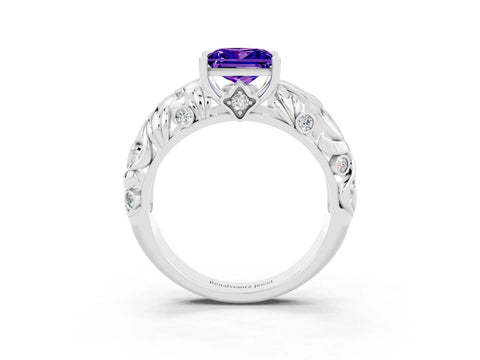 White gold Princess Cut Solitaire Tanzanite Leaf-Inspired Vine Band Ring with Prong Setting_3