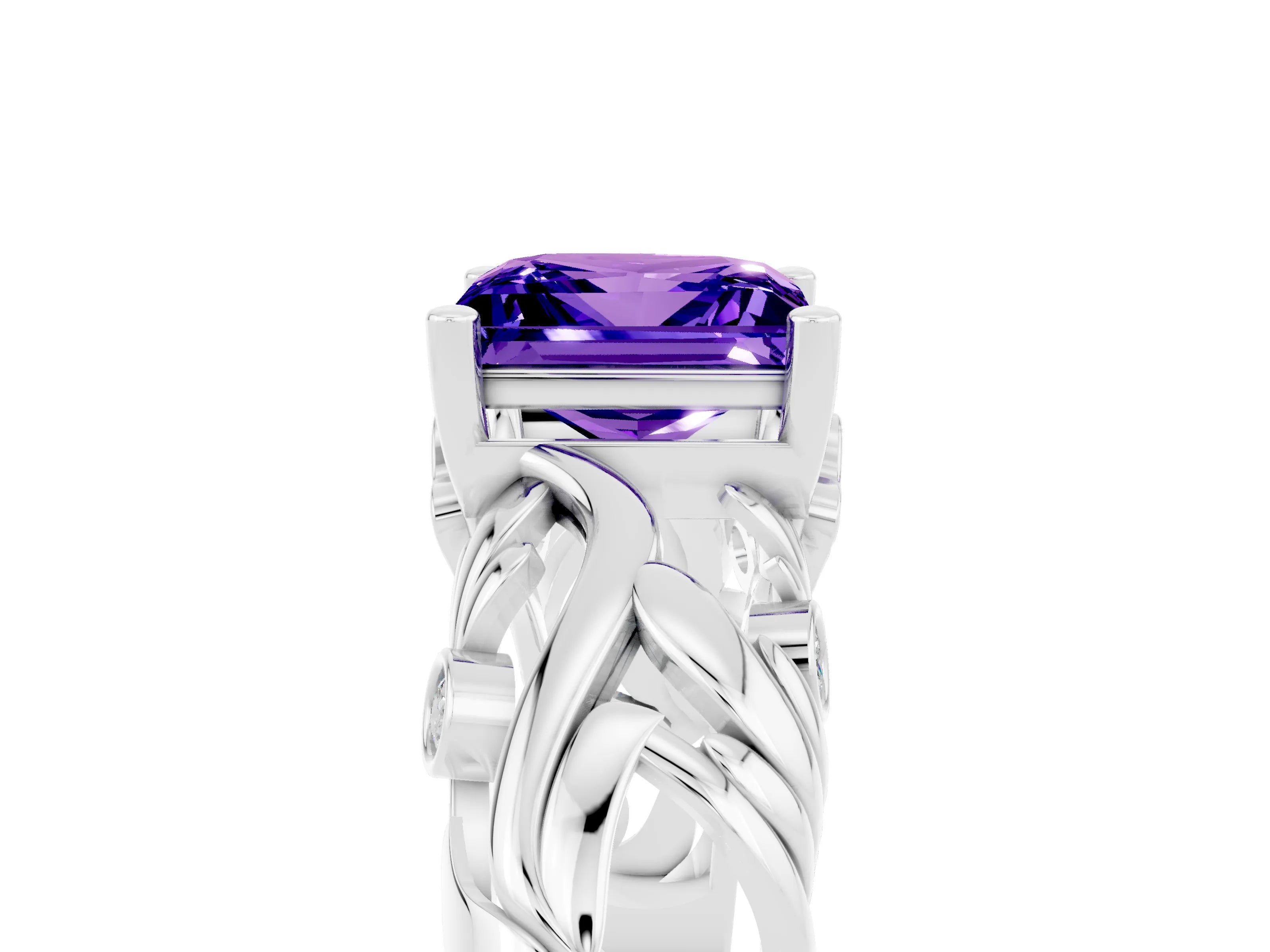 White gold Princess Cut Solitaire Tanzanite Leaf-Inspired Vine Band Ring with Prong Setting_5