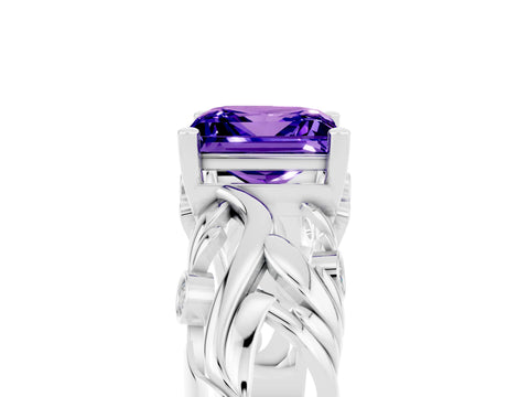 White gold Princess Cut Solitaire Tanzanite Leaf-Inspired Vine Band Ring with Prong Setting_5