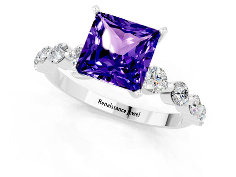 White gold Princess Cut Solitaire Tanzanite Ring with Pave Band and Four-Prong Setting_1
