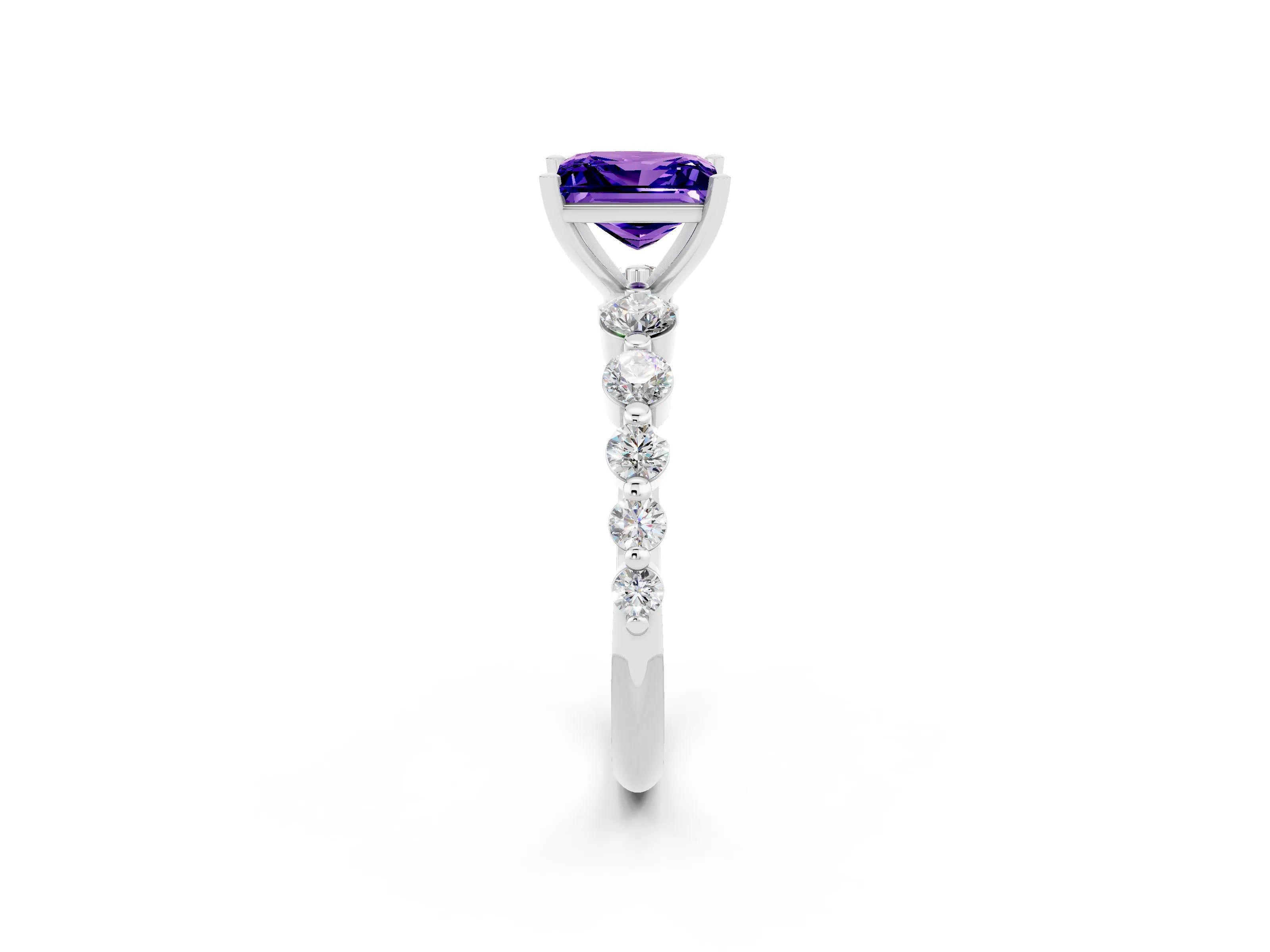 White gold Princess Cut Solitaire Tanzanite Ring with Pave Band and Four-Prong Setting_2