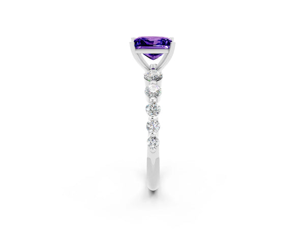 Silver Princess Cut Solitaire Tanzanite Ring with Pave Band and Four-Prong Setting