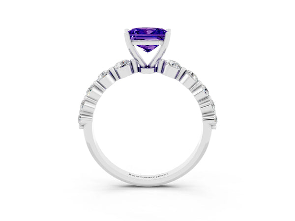 Platinum Princess Cut Solitaire Tanzanite Ring with Pave Band and Four-Prong Setting