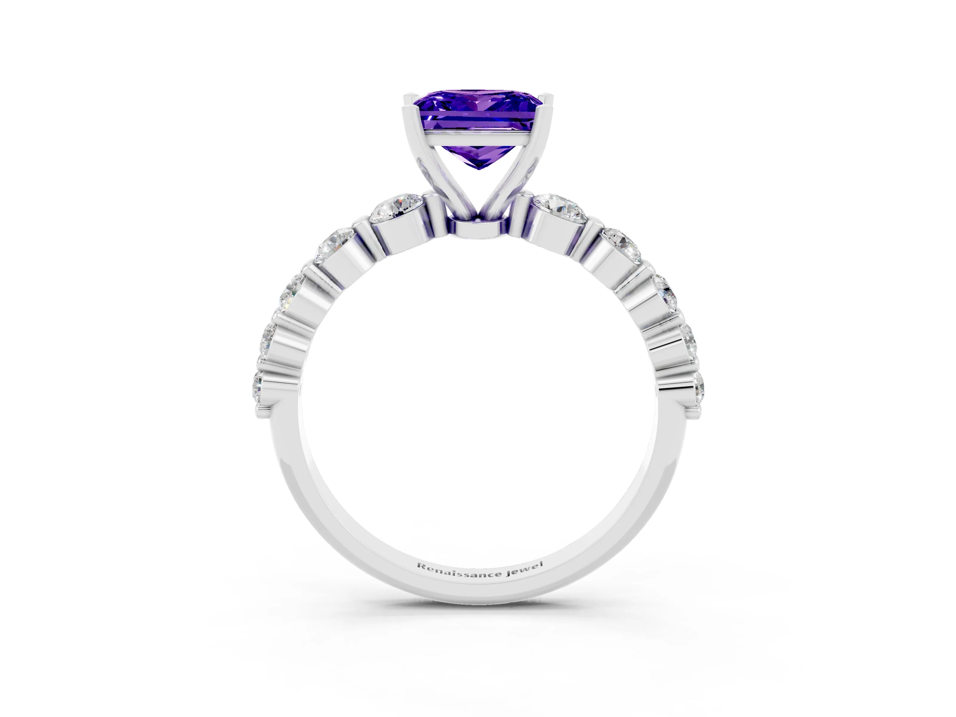 White gold Princess Cut Solitaire Tanzanite Ring with Pave Band and Four-Prong Setting_3