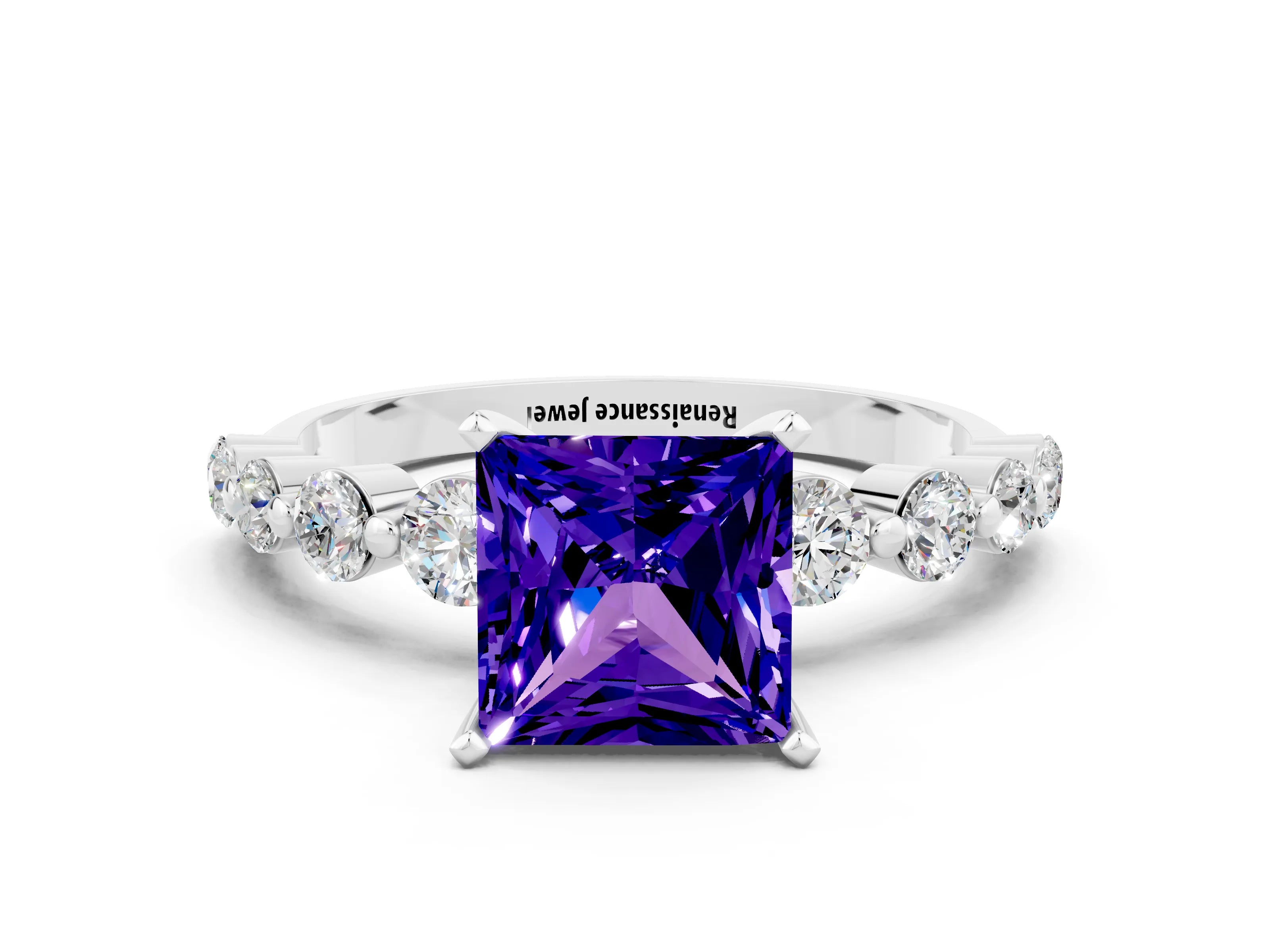 White gold Princess Cut Solitaire Tanzanite Ring with Pave Band and Four-Prong Setting