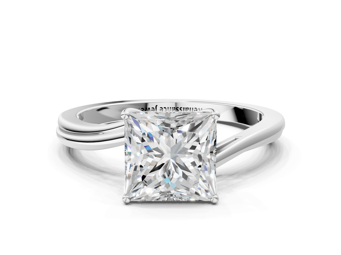 White gold Princess Cut Solitaire Twist Band Ring with Four-Prong Setting_47