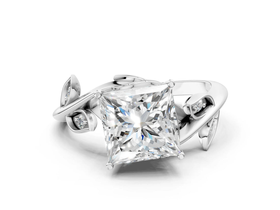 White gold Princess Cut Solitaire Twist Engagement Ring with Leaf Accents and Prong Setting_19