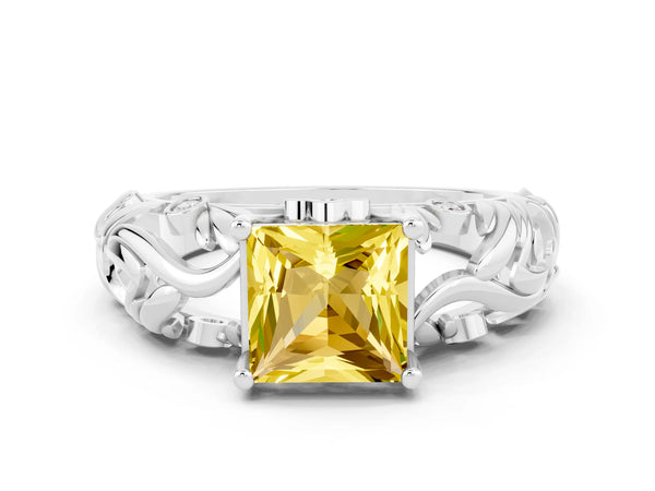White gold Princess Cut Solitaire Yellow Sapphire Leaf-Inspired Vine Band Ring with Prong Setting