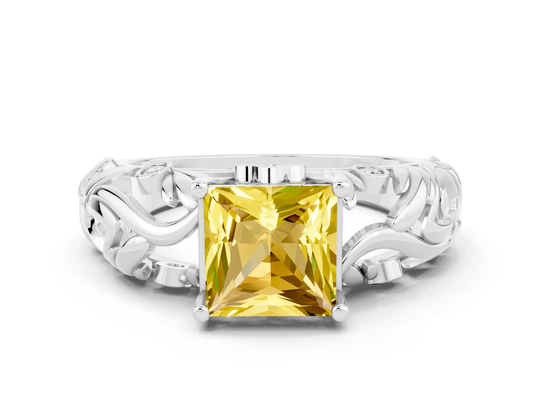White gold Princess Cut Solitaire Yellow Sapphire Leaf-Inspired Vine Band Ring with Prong Setting_24
