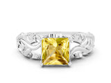 White gold Princess Cut Solitaire Yellow Sapphire Leaf-Inspired Vine Band Ring with Prong Setting_24