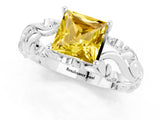 White gold Princess Cut Solitaire Yellow Sapphire Leaf-Inspired Vine Band Ring with Prong Setting_25