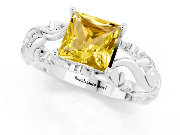White gold Princess Cut Solitaire Yellow Sapphire Leaf-Inspired Vine Band Ring with Prong Setting