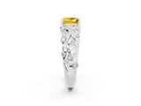 White gold Princess Cut Solitaire Yellow Sapphire Leaf-Inspired Vine Band Ring with Prong Setting_26