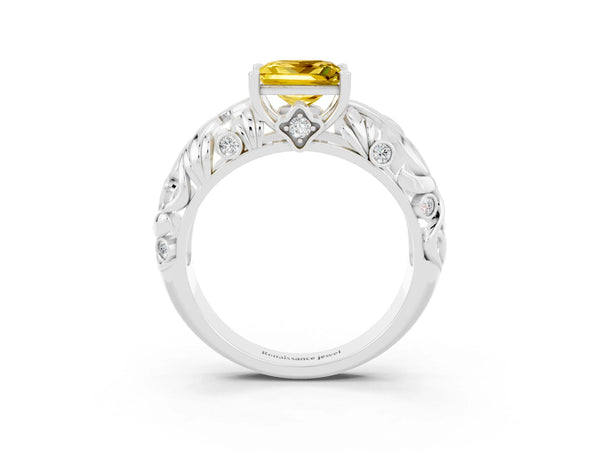 Platinum Princess Cut Solitaire Yellow Sapphire Leaf-Inspired Vine Band Ring with Prong Setting