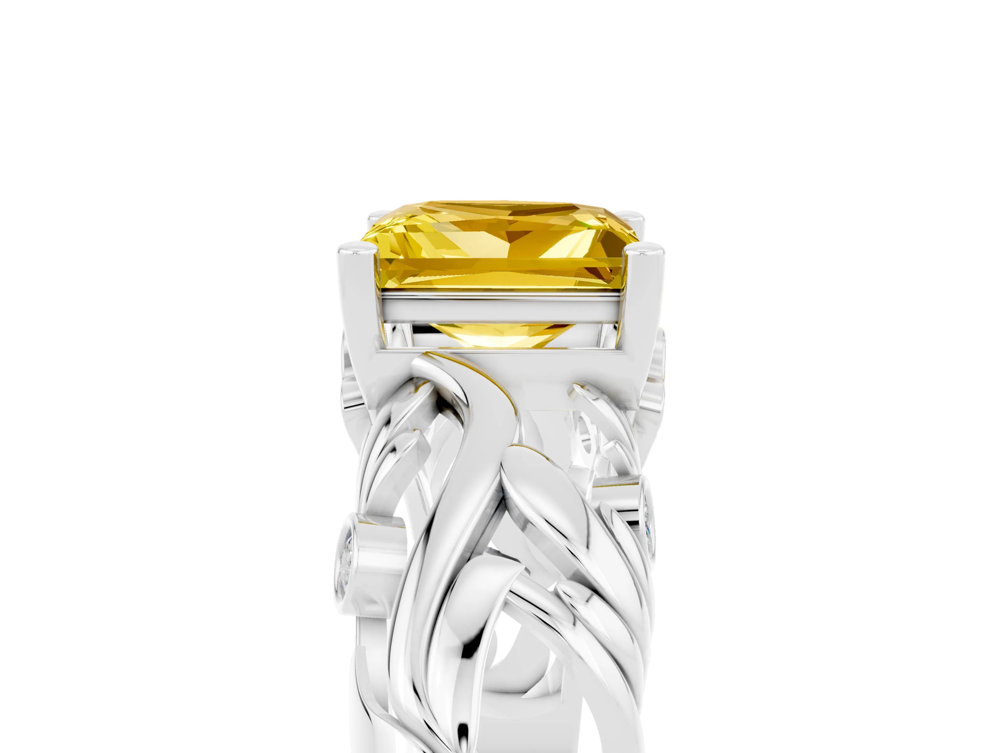 White gold Princess Cut Solitaire Yellow Sapphire Leaf-Inspired Vine Band Ring with Prong Setting_29