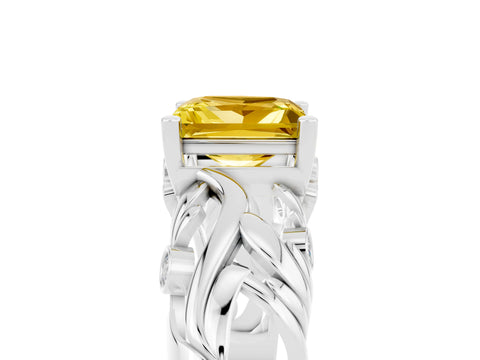 White gold Princess Cut Solitaire Yellow Sapphire Leaf-Inspired Vine Band Ring with Prong Setting_29