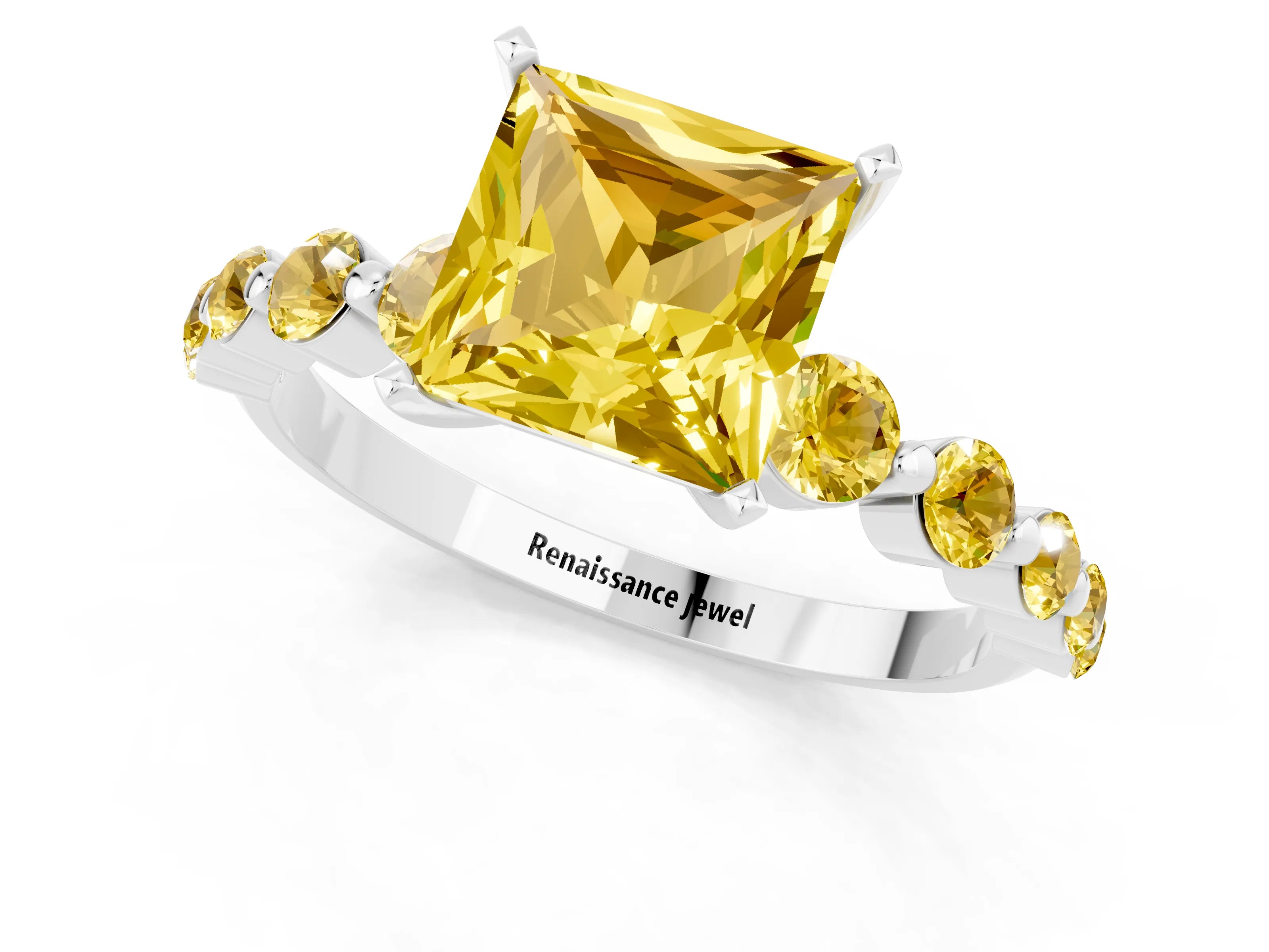 White gold Princess Cut Solitaire Yellow Sapphire Ring with Pave Band and Four-Prong Setting_1