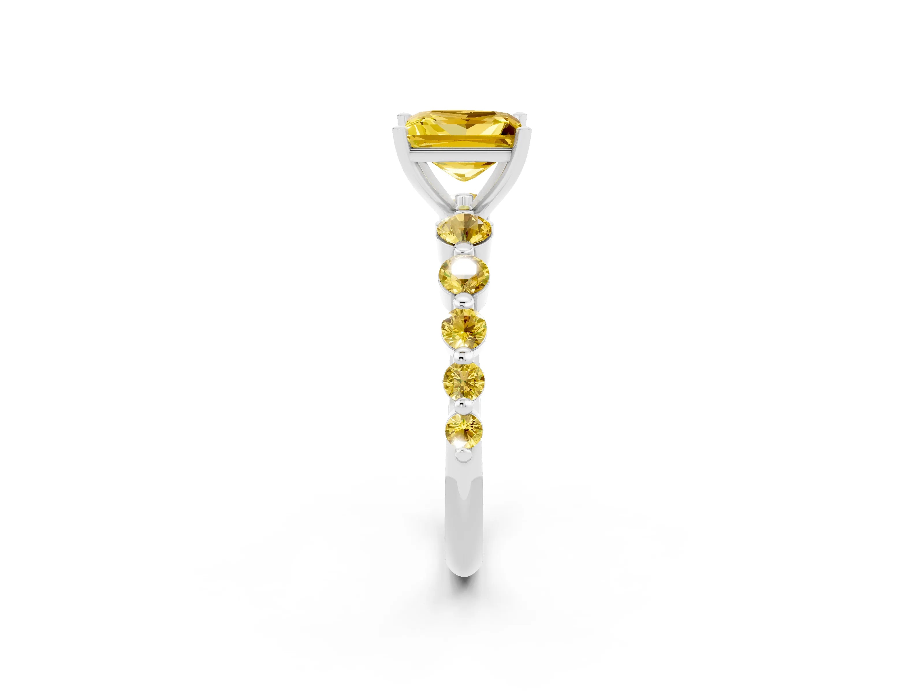 White gold Princess Cut Solitaire Yellow Sapphire Ring with Pave Band and Four-Prong Setting_2