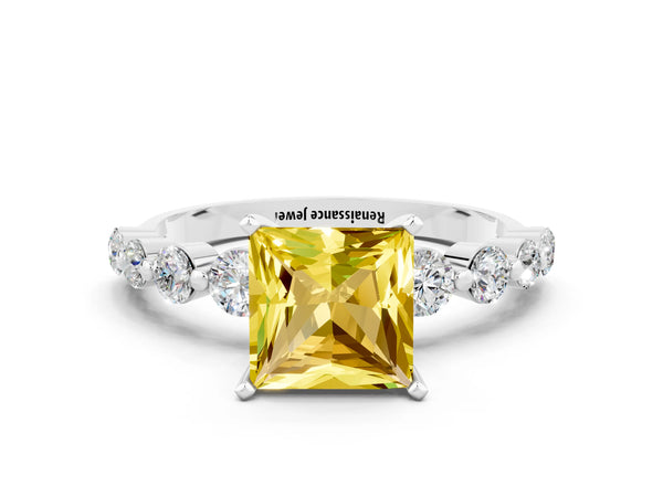Platinum Princess Cut Solitaire Yellow Sapphire Ring with Pave Band and Four-Prong Setting