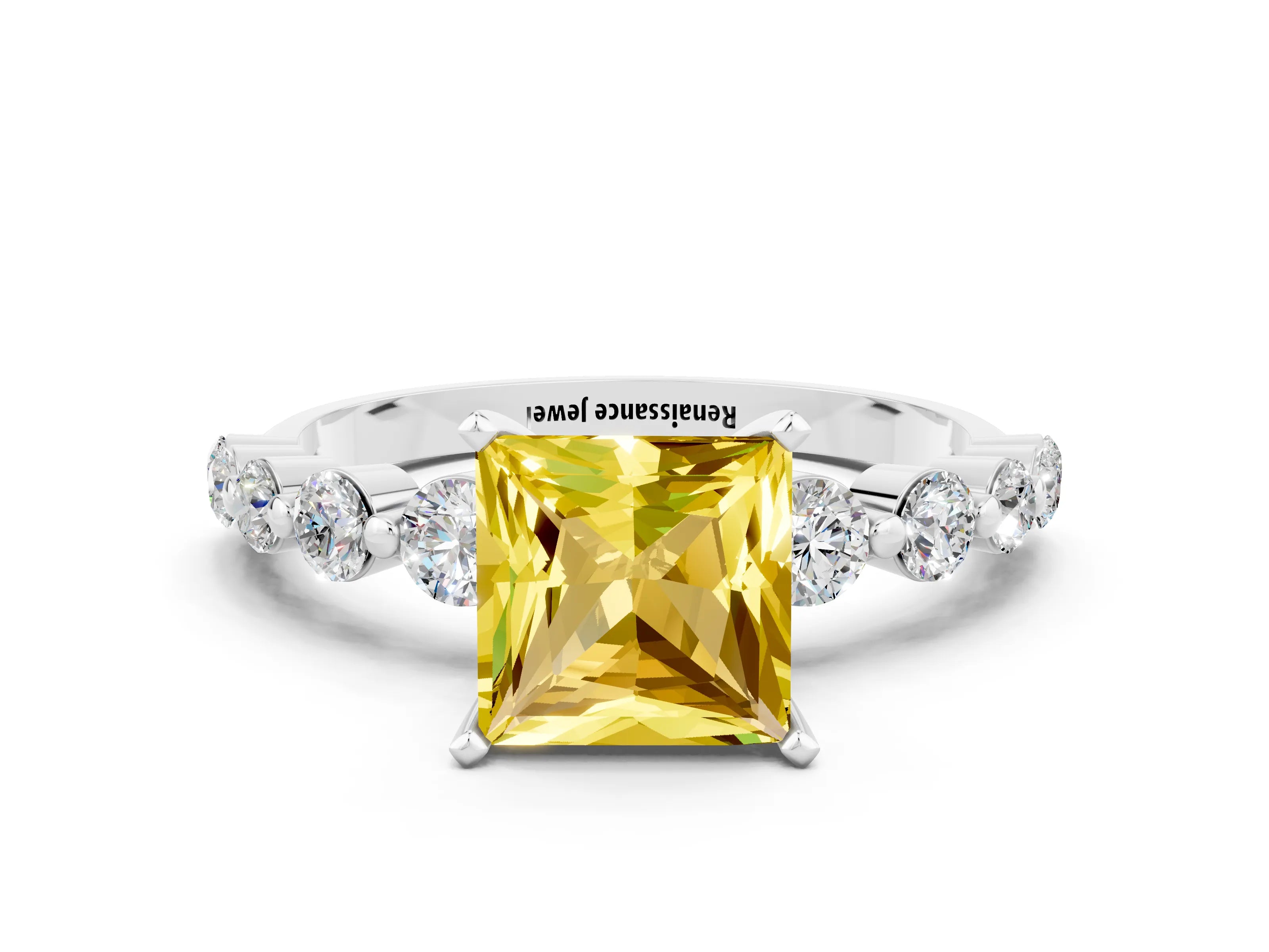 White gold Princess Cut Solitaire Yellow Sapphire Ring with Pave Band and Four-Prong Setting_24