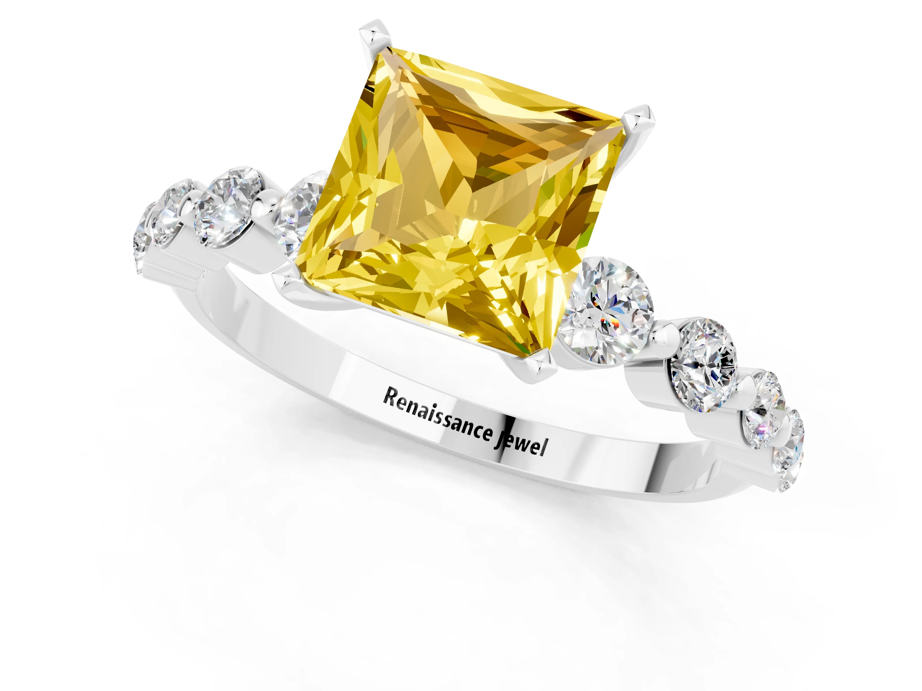White gold Princess Cut Solitaire Yellow Sapphire Ring with Pave Band and Four-Prong Setting_25