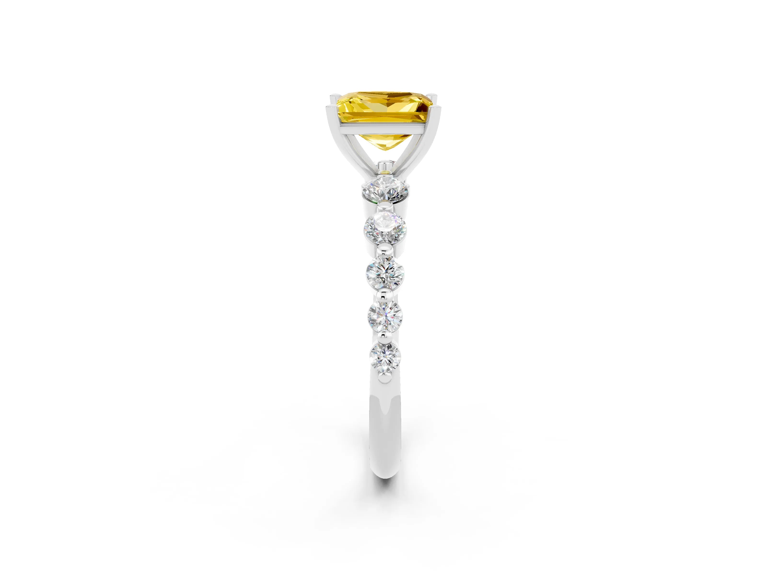 White gold Princess Cut Solitaire Yellow Sapphire Ring with Pave Band and Four-Prong Setting_26