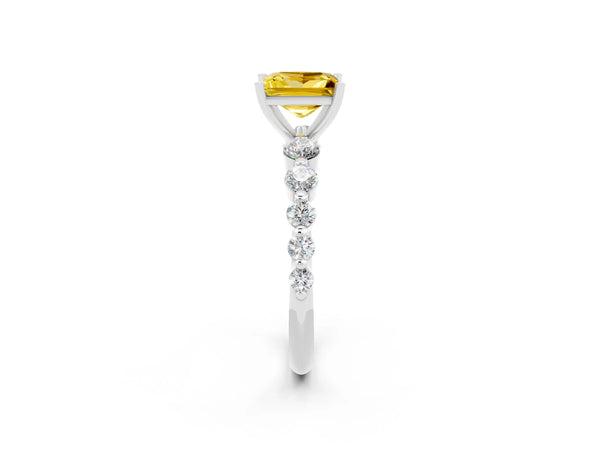 White gold Princess Cut Solitaire Yellow Sapphire Ring with Pave Band and Four-Prong Setting