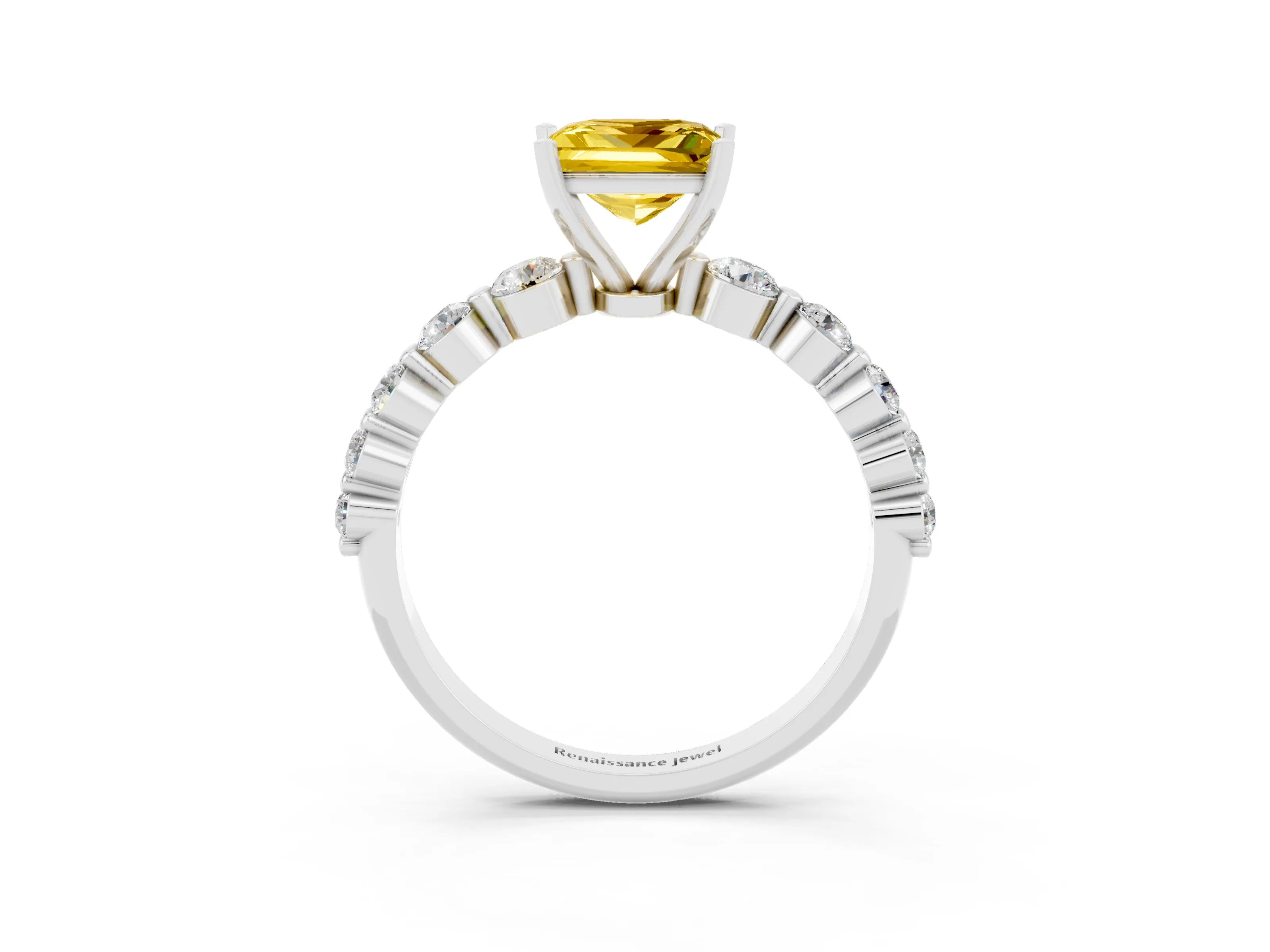White gold Princess Cut Solitaire Yellow Sapphire Ring with Pave Band and Four-Prong Setting_27